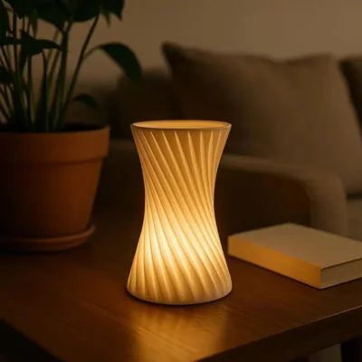 3D printed table lamp lighting up a living room